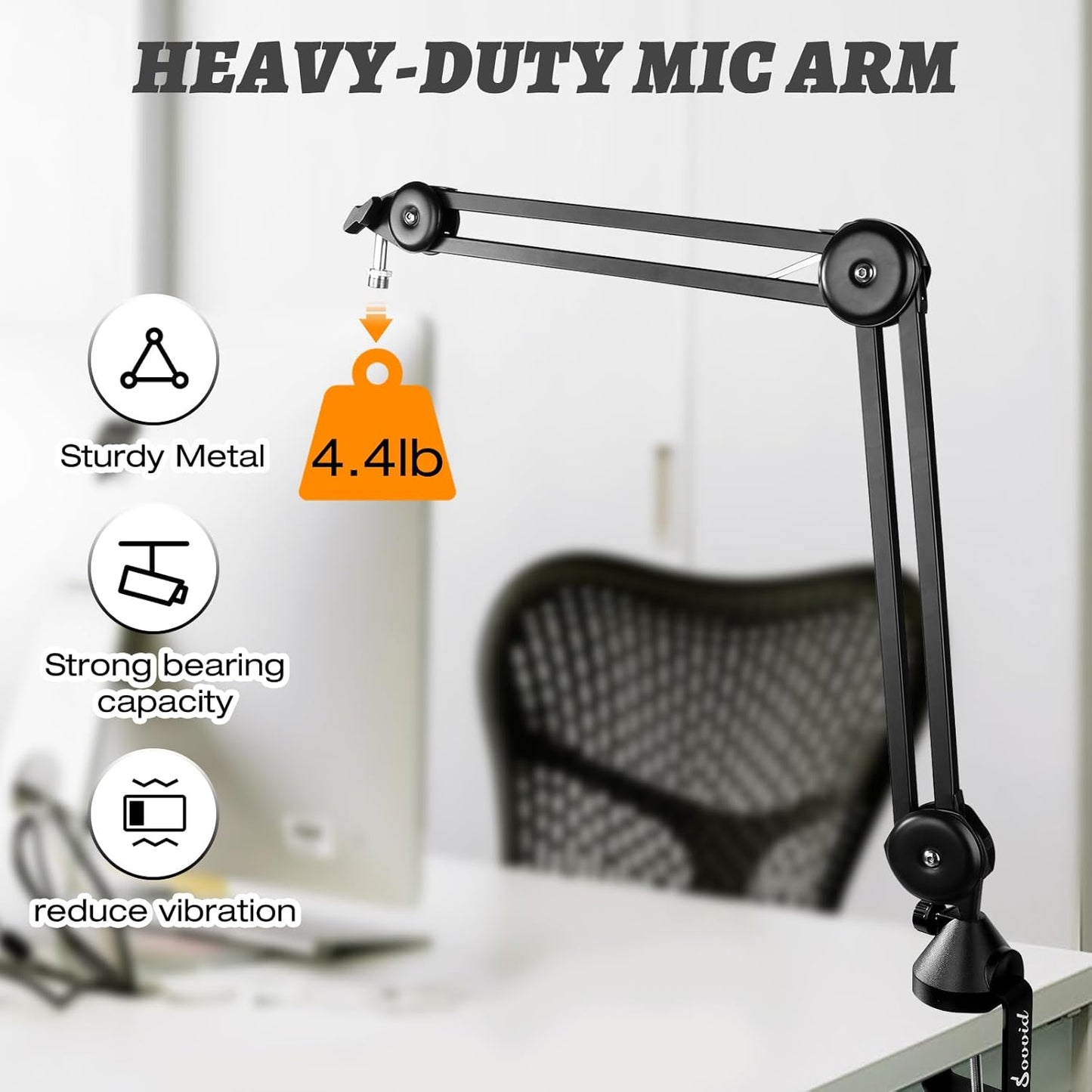 Mic Boom Arm – Heavy-Duty Microphone Stand with Desk Mount Clamp&Microphone Clip Ideal for Podcast & Gaming, Supports 4.4 lbs for Blue Yeti, FIFINE, HyperX, Shure & More