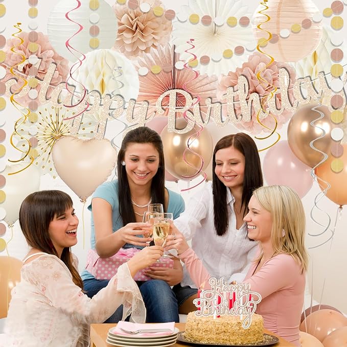 Champagne-Gold Beige Fall Boho Birthday Party Decorations 62pcs Happy Birthday Banner, Peach White Paper Lanterns, Streamers, Tissue Pom Poms, Blush Beige Boho Party Balloons, Rustic Backdrop Decor