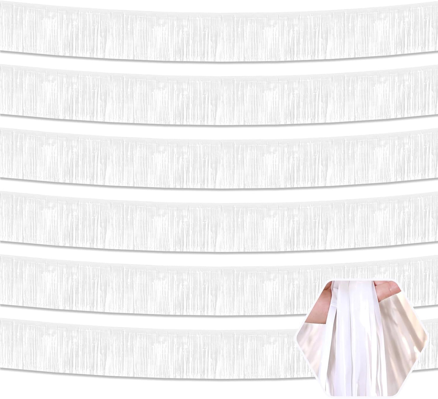 6 Pack 10 Feet White Foil Fringe Garland Metallic Tinsel Streamers Banner Wall Hanging Curtain Backdrop for Parade Floats, Birthday, Graduate, Mother's Day, Wedding Party Decoration