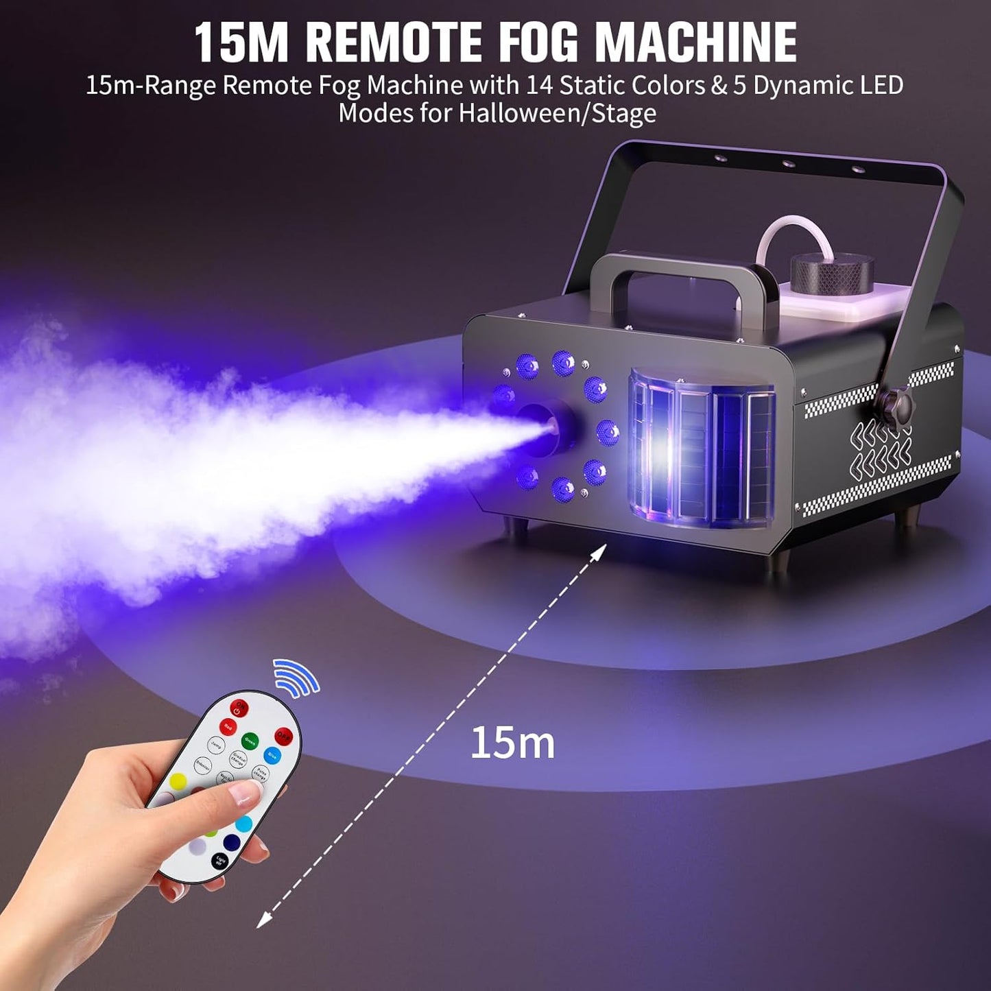 Fog Machine with RGBW LED Lights, 1200W Professional Smoke Machine, 1L Tank, 3000CFM Output, 14 Colors for DJ Party Stage Wedding Halloween 2PACK