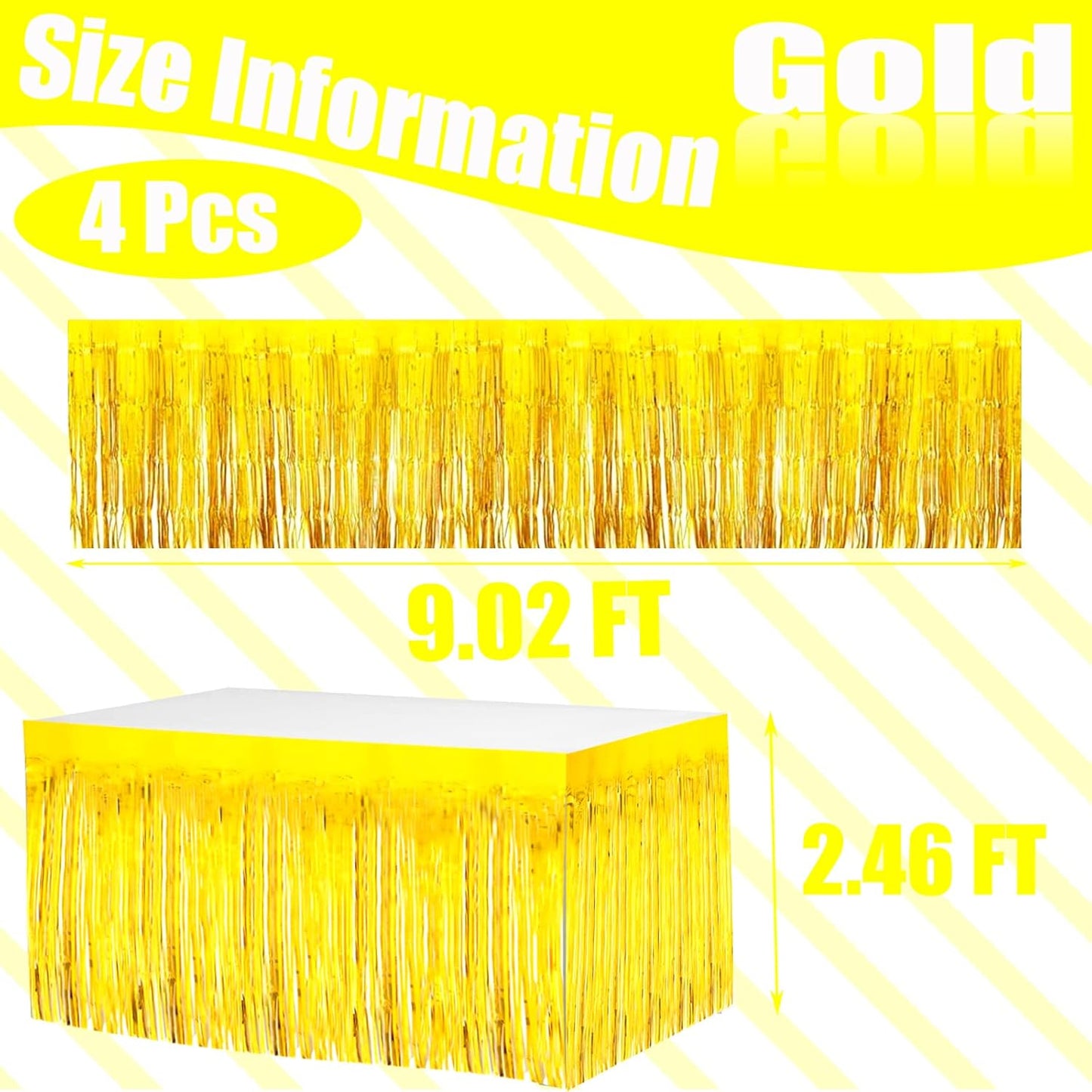 4 Pack 29x108 Inch Metallic Foil Fringe Tinsel Table Skirts for Rectangle Tables Streamer Curtains Backdrop for Wedding, Birthday, Parade Floats, Christmas, Halloween Party Decoration(Gold)