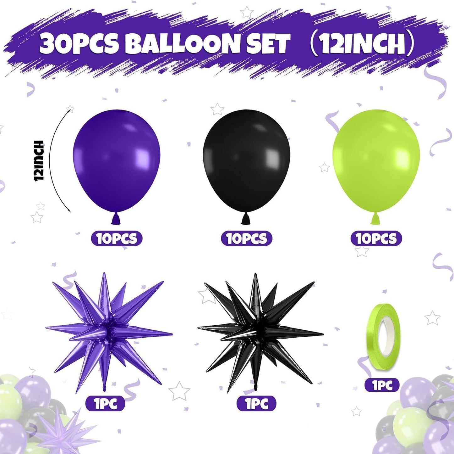 Purple Green Black Balloons, 12 Inch Fruit Green Dark Purple Black Balloons with Star Foil Balloon for Boys 2nd 3rd 4th Birthday Party Baby Shower Decorations