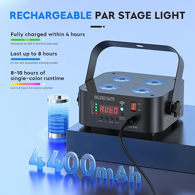 Mini Rechargeable Par Lights with Charging Case, 4 * 18W RGBWA UV 6 in 1 Battery Powered Upights, APP & Wireless DMX Control Stage Lights, Uplighting for Festival Party Wedding