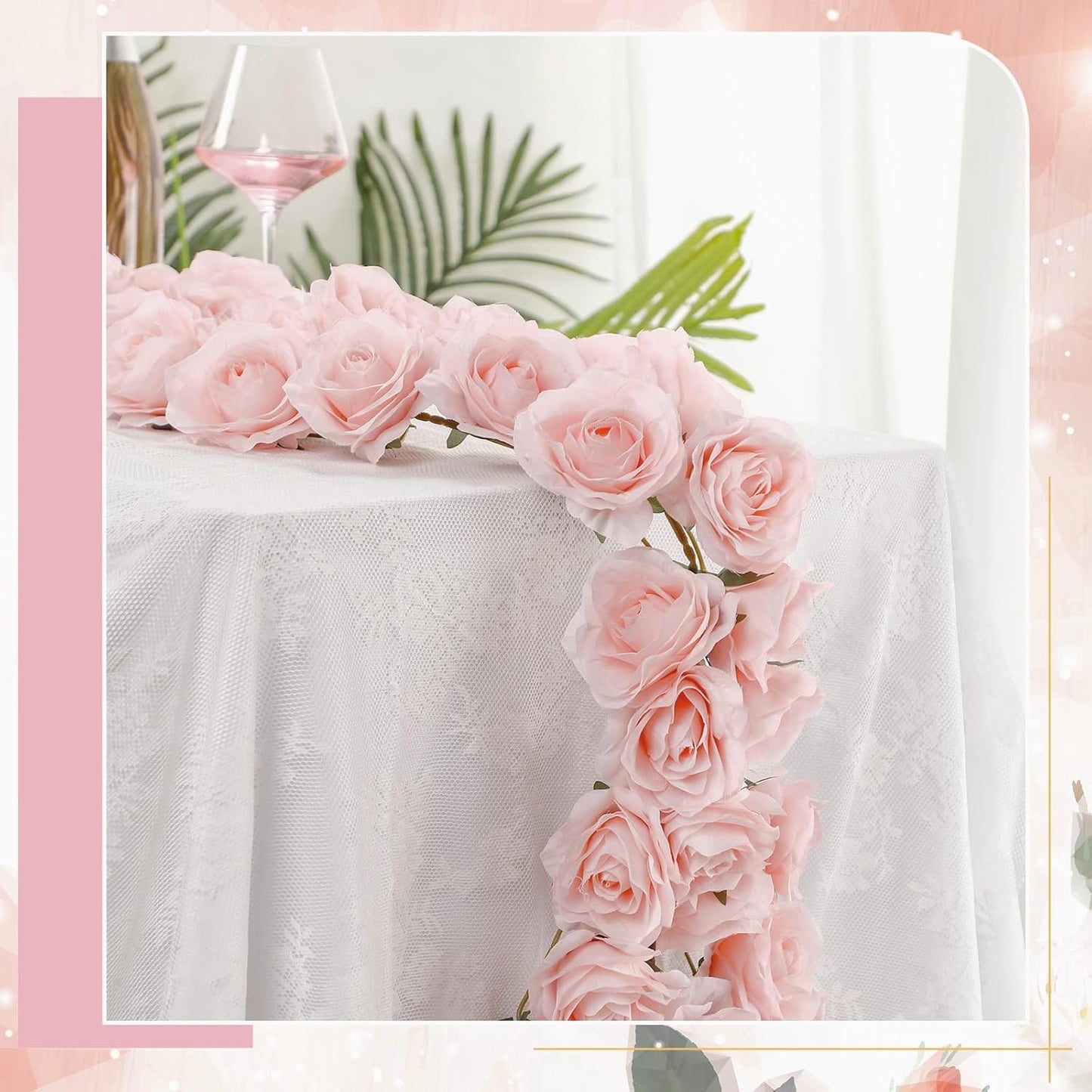 2 Pcs Pink Artificial Rose Vine Hanging Faux Flowers Garland for Wedding Anniversary Birthday Party Background Arch Garden Home Wall Room Decor
