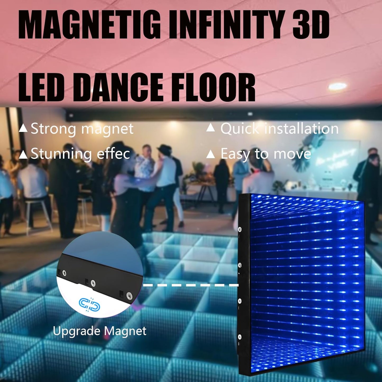 Dance Floor Stage Lights Tempered Glass Infinity Mirror Panel 3D Effect Led Dance Floor for Wedding Party Customizable (3D-Magnetic, 100PCS(16.4FTX16.4FT))