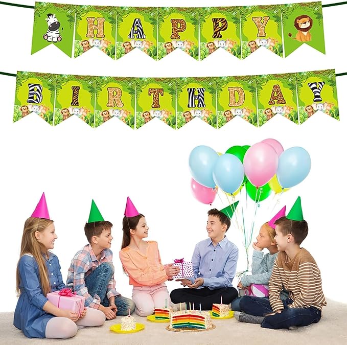 Safari Jungle Animal Birthday Party Decorations – 32 PCS Happy Birthday Banner, 18 Balloons, 12 Cupcake Toppers & 1 Cake Topper – Safari Party Supplies for Kids Boys Girls, Baby Shower, Zoo Theme