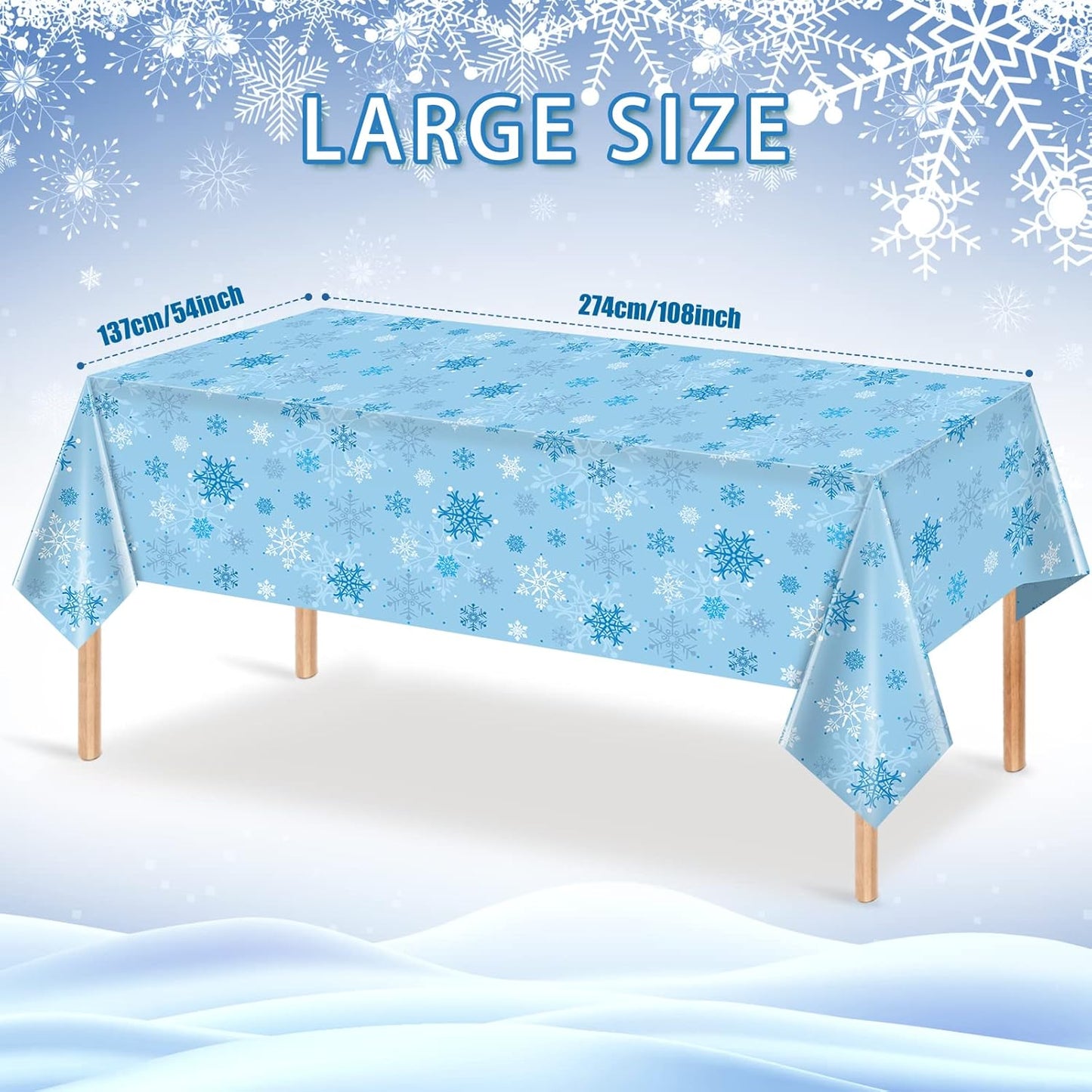 3 Pieces Snowflake Christmas Tablecloth, Plastic Ice Blue and White Winter Wonderland Table Cover for Holidays, 54x108 inch