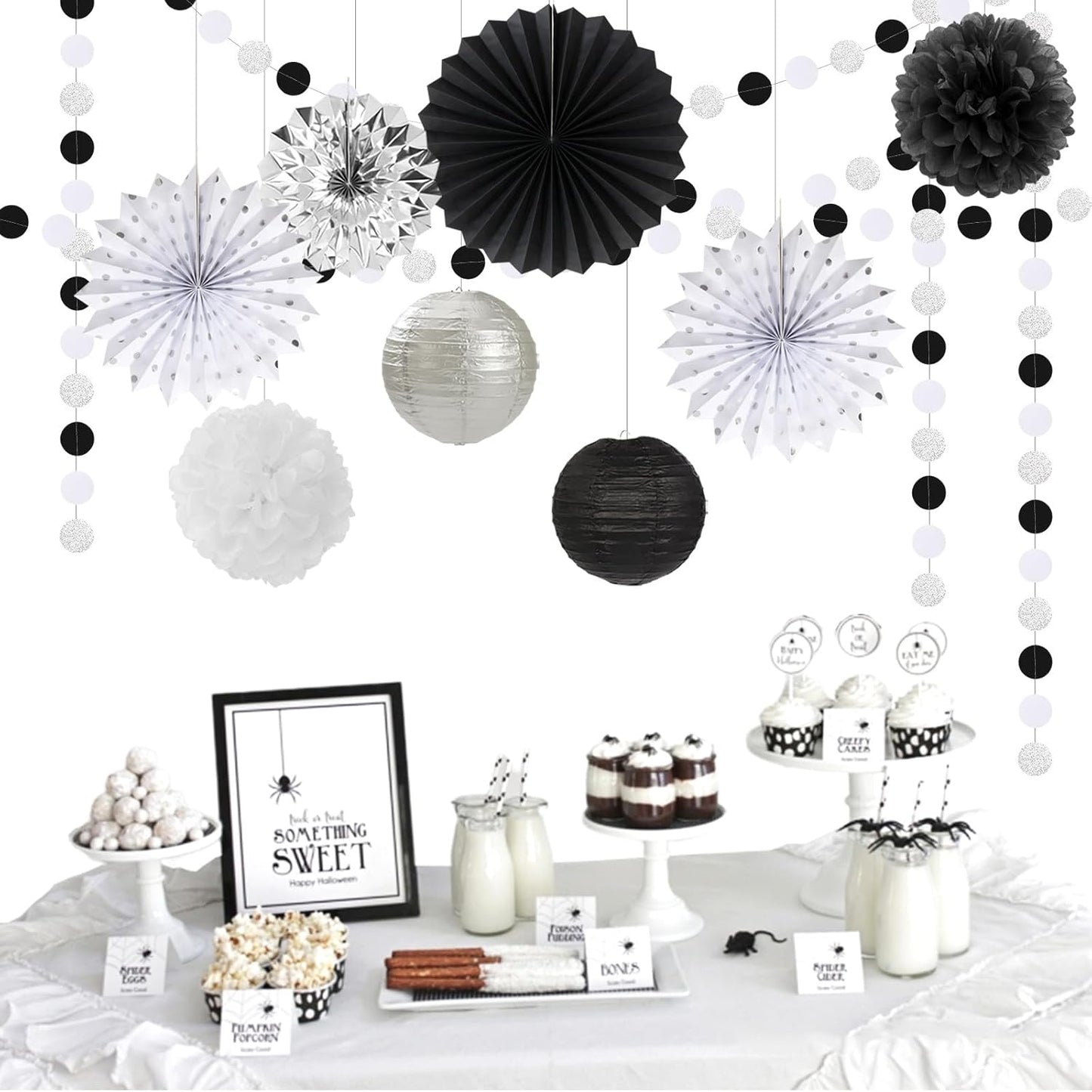 Black White-Silver Party-Decorations - 33pcs Kits Banner,Graduation Streamer Tassel Garland,Tissue Pom Poms Honeycomb,Paper Lantern Fans,Birthday Wedding Baby Bridal Shower New Years Decor Hugtmr