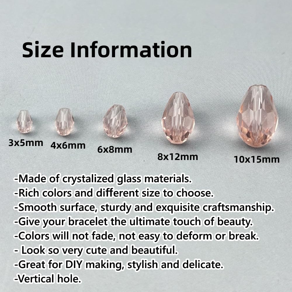 100pcs 8x12mm Teardrop Crystal Glass Beads for Jewelry Making, Faceted Vertical Hole Teardrop Glass Spacer Beads for Wind Chimes Bracelet Earring Necklace DIY Craft(Pink)