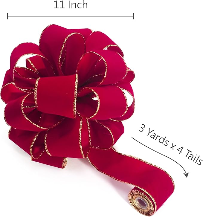 Christmas Tree Topper Bow - Bow: 11" sq. - Tails: 3 Yards Long Each - Velvet Red