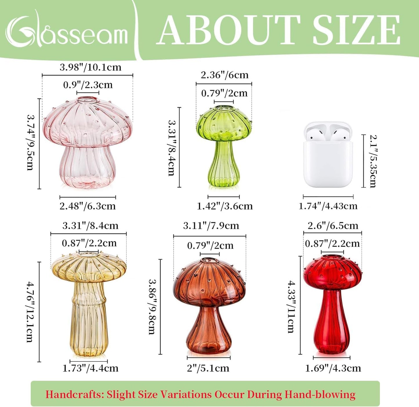 Glasseam Mushroom Planter Propagation Vase, Set of 10 Glass Terrariums for Plants, Cute Hydroponic Small Planter, Colored Propagate Station, Decorative Bud Vases for Flowers, Unique Gifts for Women