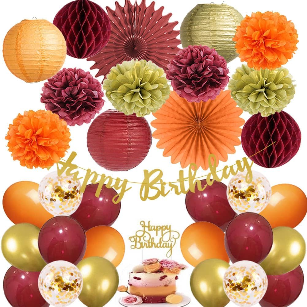 Fall Birthday Decorations Burgundy and Orange Party Decorations Pom Poms Flowers Paper Lanterns Fans Autumn Burgundy Birthday Decorations with Happy Birthday Banner Cake Topper Gold for Women Girls