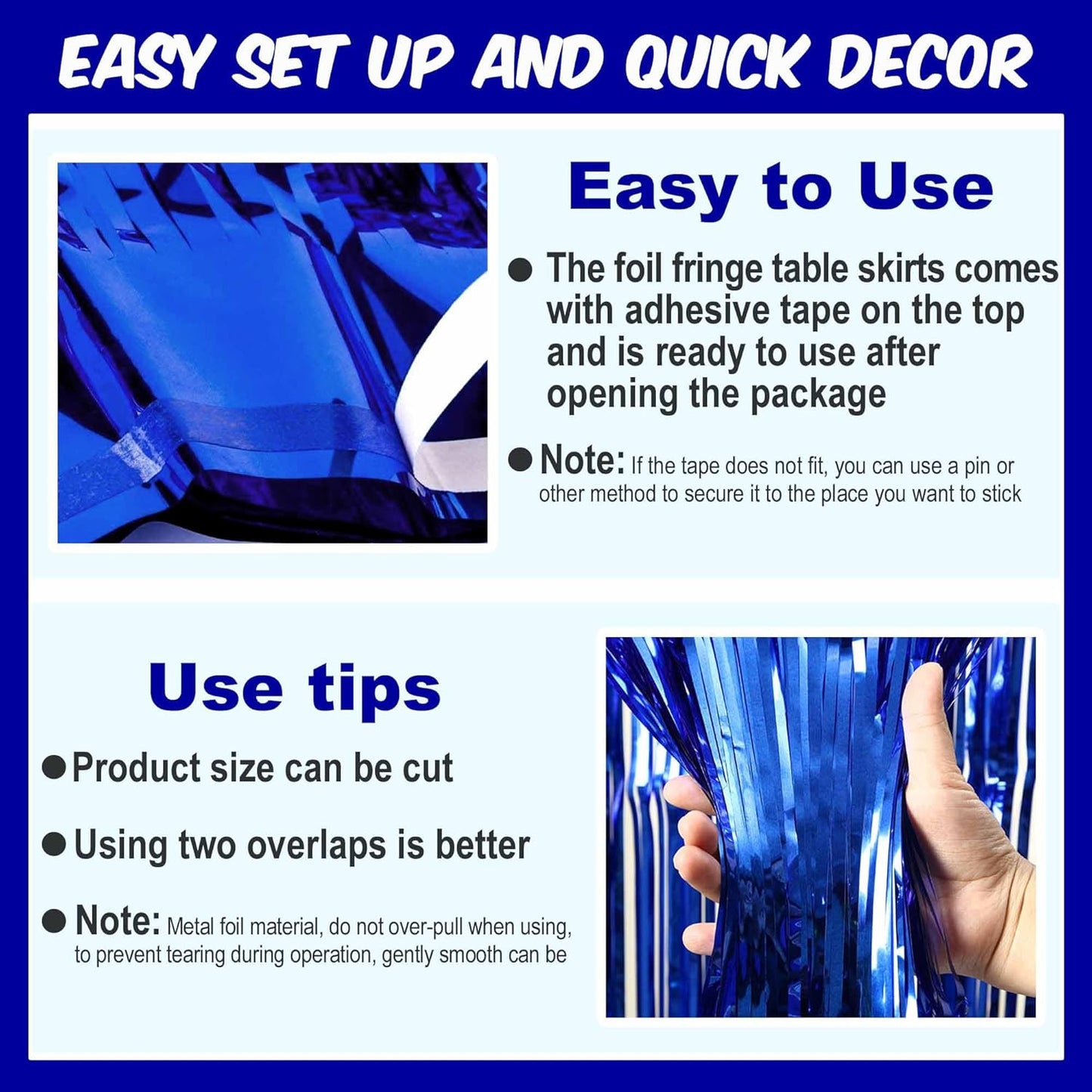 3 Pack 29 x108 Inch Blue Foil Fringe Table Skirts Metallic Banner for Tinsel Streamer Garland Backdrop for Parade Floats Mother's Day, Graduate, Birthday, Wedding Party Decoration