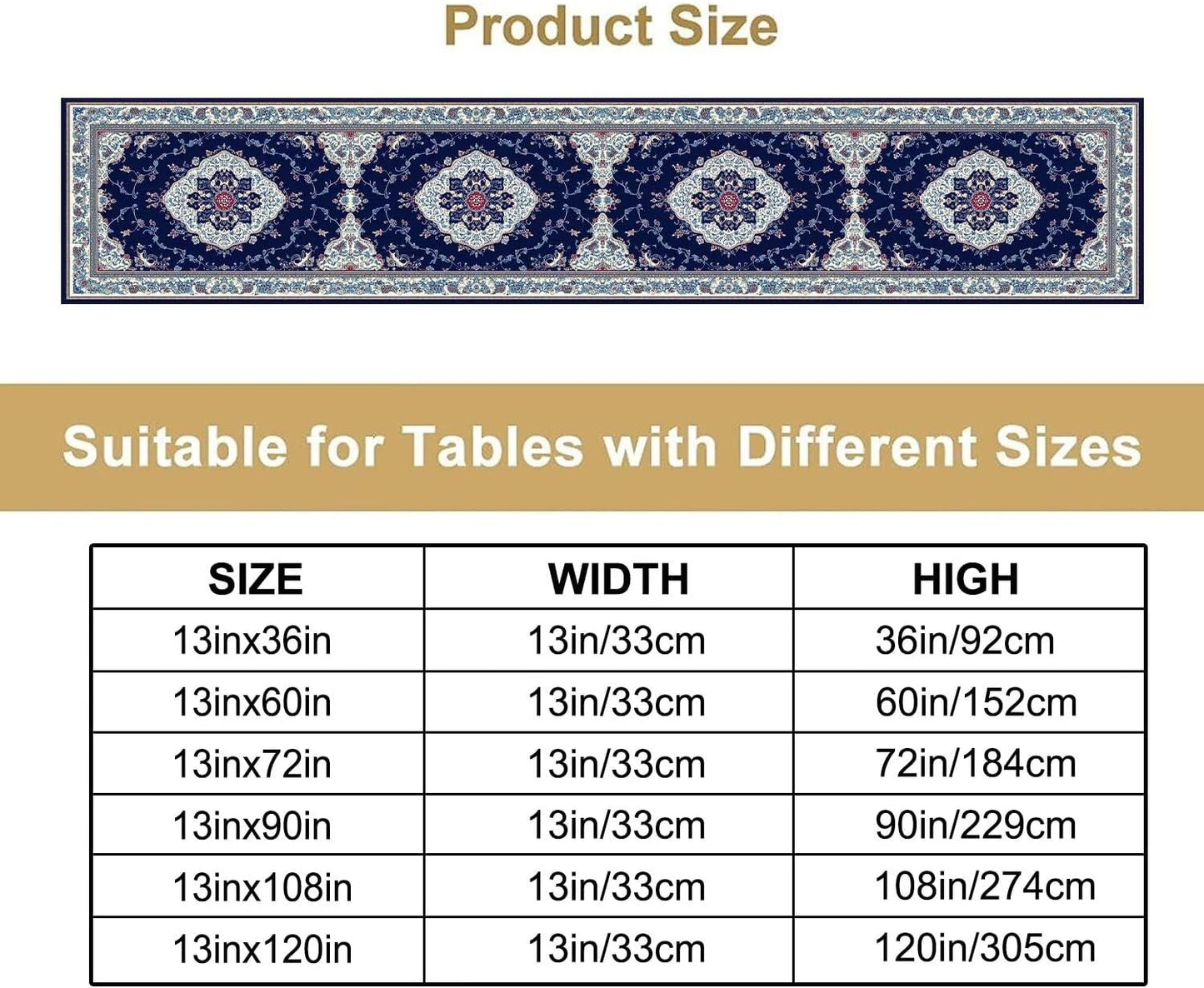 Elegant Palace Boho Blue Table Runner Vintage French Style Farmhouse Geometric Home Farmhouse Kitchen Table Dining Coffee Room Garden Party Wedding Decor 13x120in