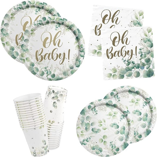 Sage Greenery Baby Shower Party Supplies Disposable Paper Plates Napkins Cups for Boho Greency Party Decorations, Serve 16.