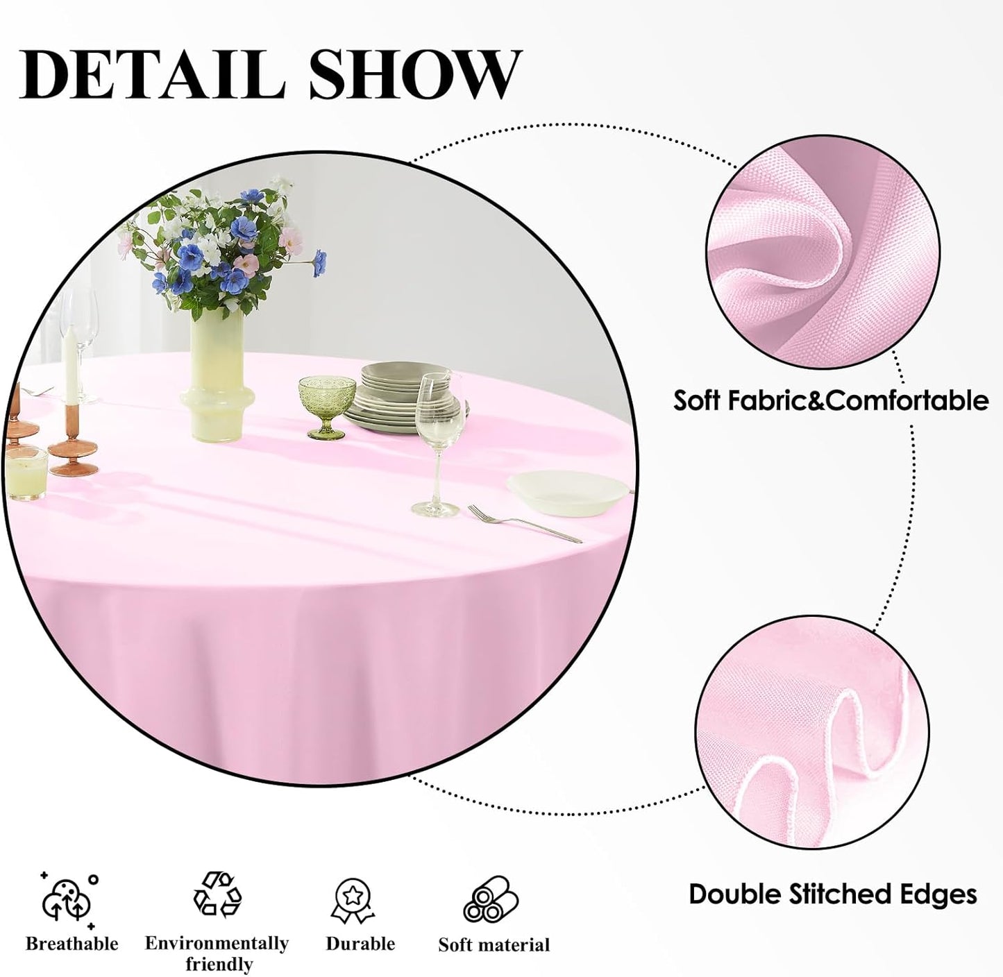 Round Tablecloth 120 Inch 2 Pack Pink Tablecloths Washable Decorative Linen Polyester Table Clothes Cover for Dining Table Banquets Buffet Parties and Wedding