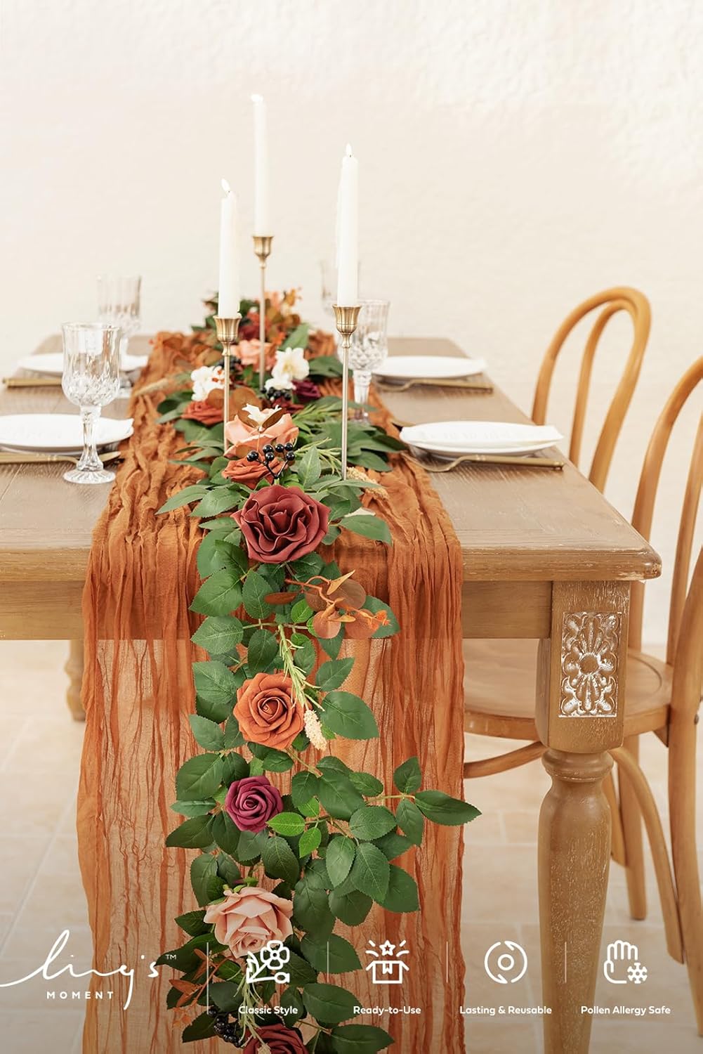 Ling's moment 5FT Terracotta Artificial Flower Garland Rose Eucalyptus Leaves Fall Floral Garland Burnt Orange Arch Flowers Vine for Wedding Party Backdrop Decor Mantel Table Centerpieces Decorations