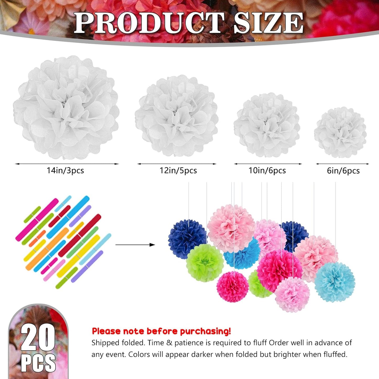 Tissue Paper Pom Poms, White Tissue Paper Flowers, Hanging Flower Balls for Weddings Fiesta Parties Birthday Baby Showers Classroom Bridal Shower Decoration (20Piece Set-6/10/12/14Inch)