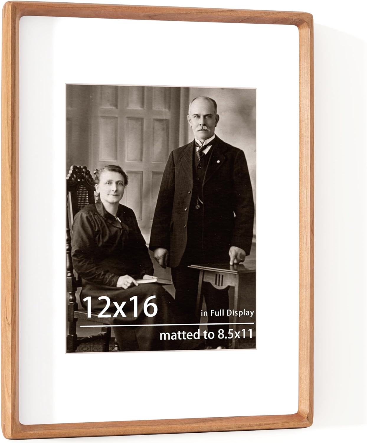 12x16 Picture Frame USA-Sourced Natural Cherry Wood Solid Original Wood Photo Frame Rounded Corner with Mat to 8.5x11 Picture Display with Real Glass Family, Wedding Picture, Photo, Certificate