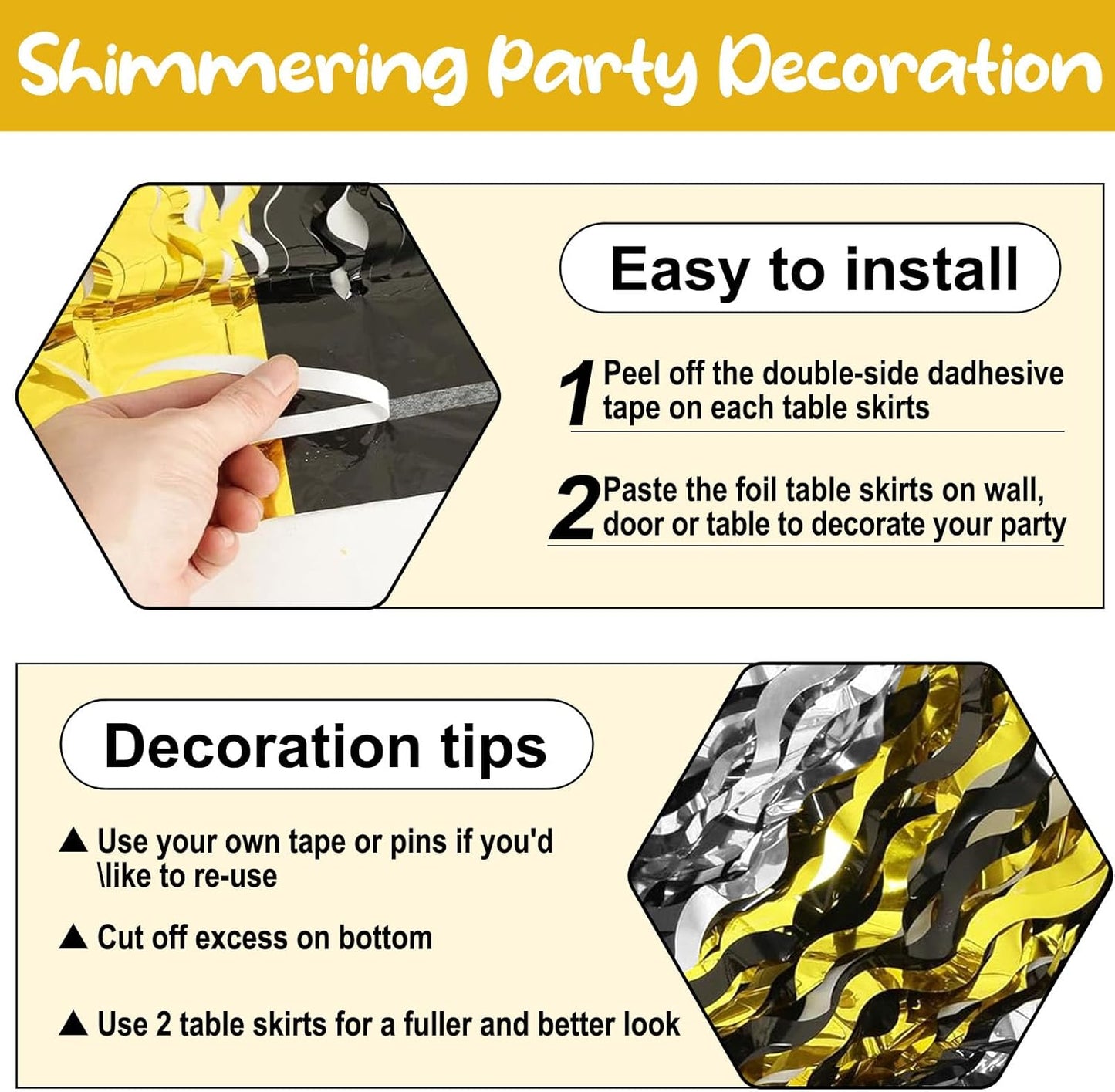 6 Pack 29 x108 Inch Black Gold Silver Wave Foil Fringe Table Skirts Metallic Banner for Tinsel Streamer Garland Backdrop for Parade Floats, Mother's Day, Easter, Wedding, Birthday Party Decoration