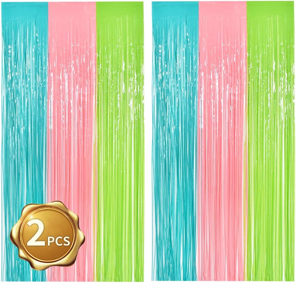 BEISHIDA 2Pcs Blue Pink Green Door Streamers Pastel Colors Foil Fringe Curtains Photo Backdrop for Wedding Party Birthday Stage Bridal Shower Decor(3.28 ft x 6.56 ft)