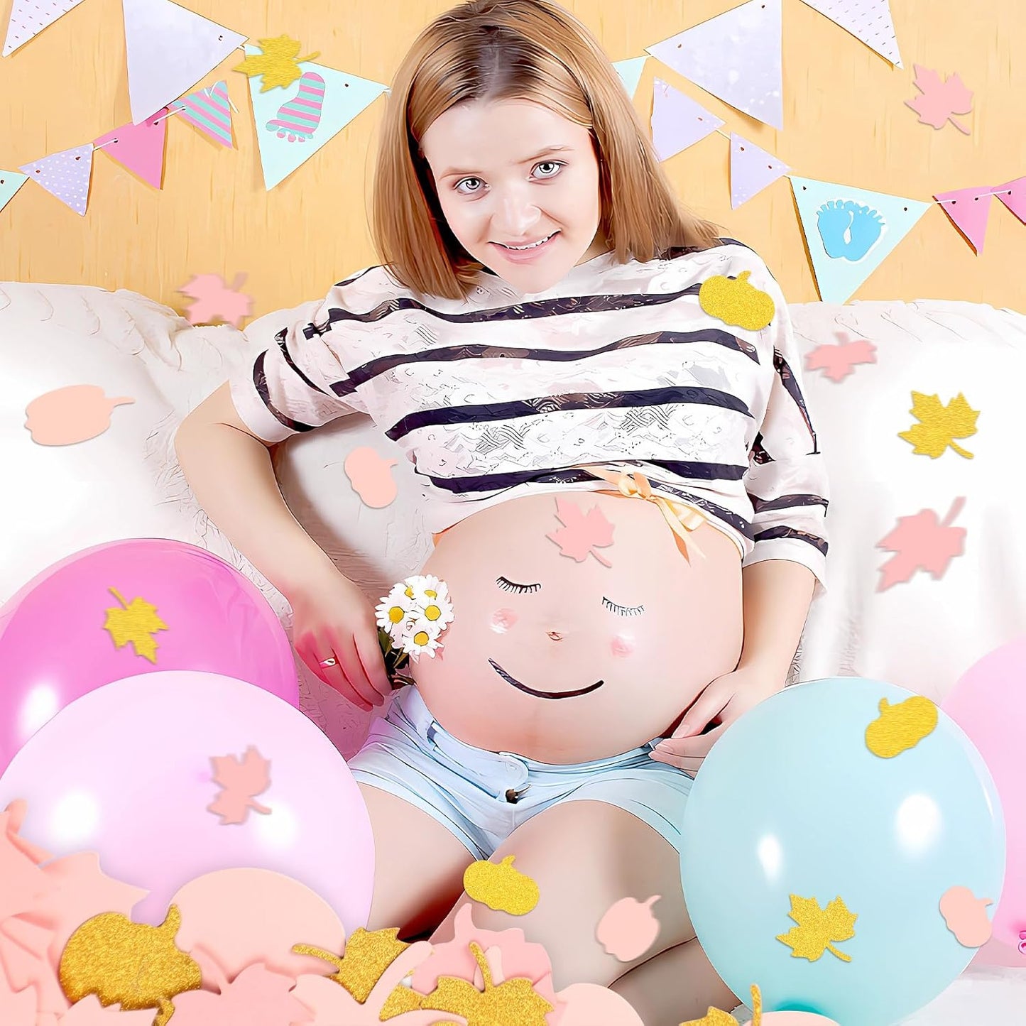 MARFOREVER 350 Pcs Fall Thanksgiving Pink and Gold Pumpkin Maple Leaf Confetti, Little Pumpkin Baby Shower Glitter Confetti Thanksgiving Table Decorations for Autumn Birthday Party Supplies