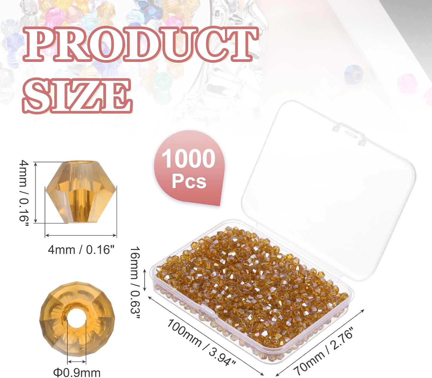 PATIKIL 1000pcs 4mm Bicone Glass Crystal Beads, Faceted Glass Spacer Beads with Box for Jewelry Making Bracelet Necklace Earrings DIY Suncatcher Craft, Amber AB