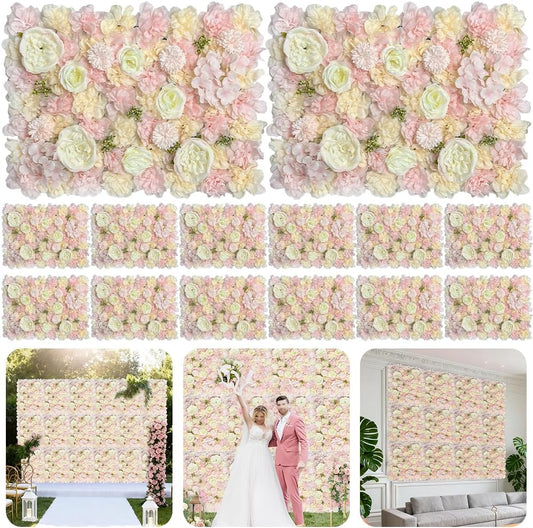 Artificial 3D Flower Wall Panel for Backdrop 24x16 inches 12 Pcs Light Pink Faux Roses Artificial Flower Backdrop for Wedding Party Bridal Baby Shower Decor