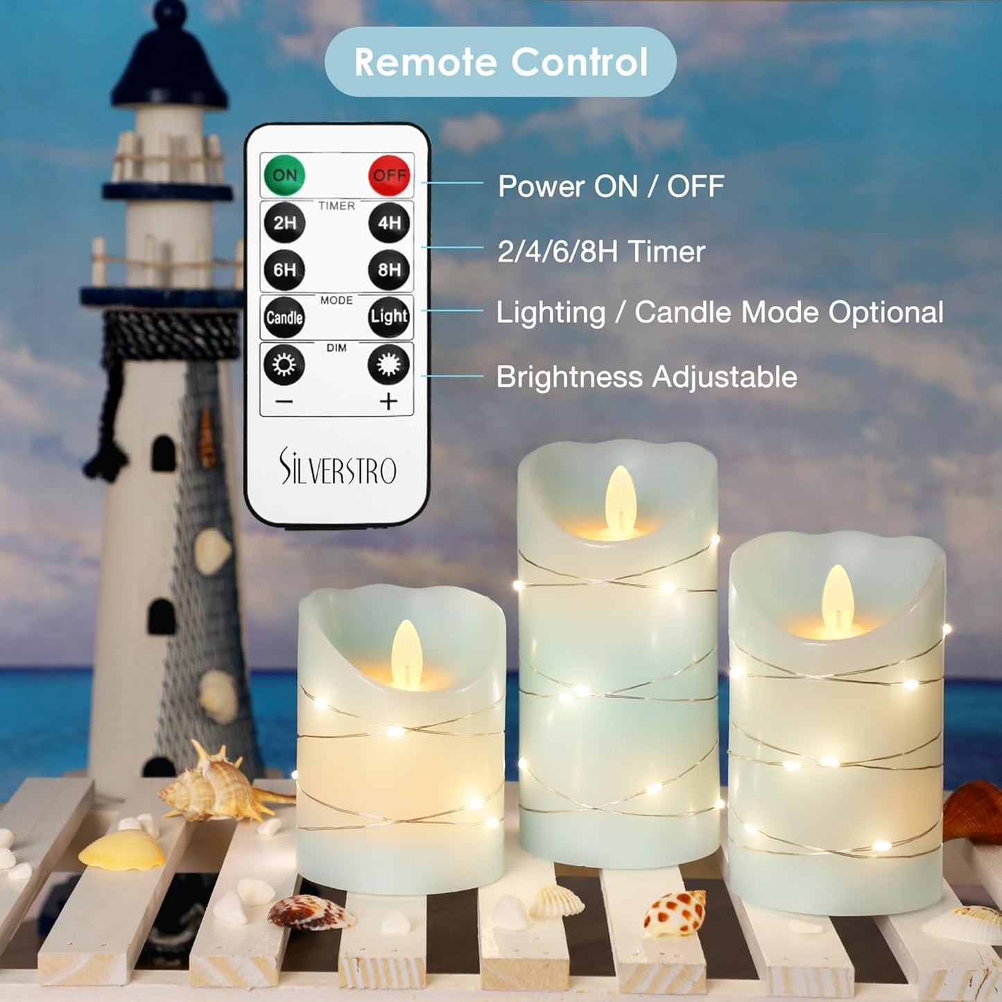 Silverstro Nautical Flameless Candles with String Lights Flickering Blue Battery Operated Candles with Remote Control & Timer - Home Farmhouse Holiday Ocean Decor - Set of 3
