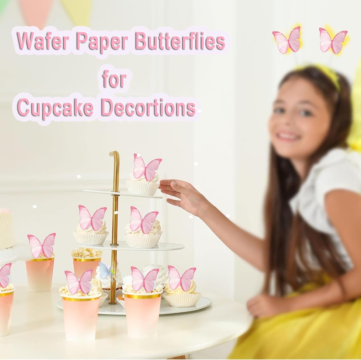 48Pcs Edible Butterflies for Cake Decorations Pink Wafer Paper Butterfly Cupcake Toppers Wafer Glutinous Paper Butterflies for Wedding Baby Shower Kids Birthday Party Cupcakes Decorating (Pink)
