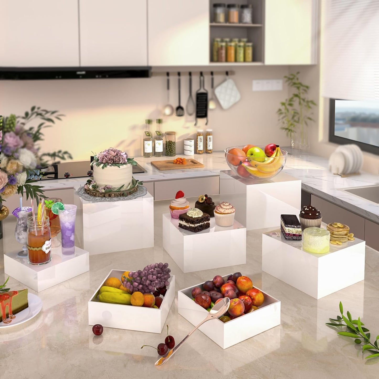 Buffet Risers, Food Display Risers for Party, Glossy White Acrylic Risers Display Stand for Buffet Table, Catering Displays for Dessert, Cube Box Nesting Riser with Hollow Bottoms (8"x9"x10" 6PCS)