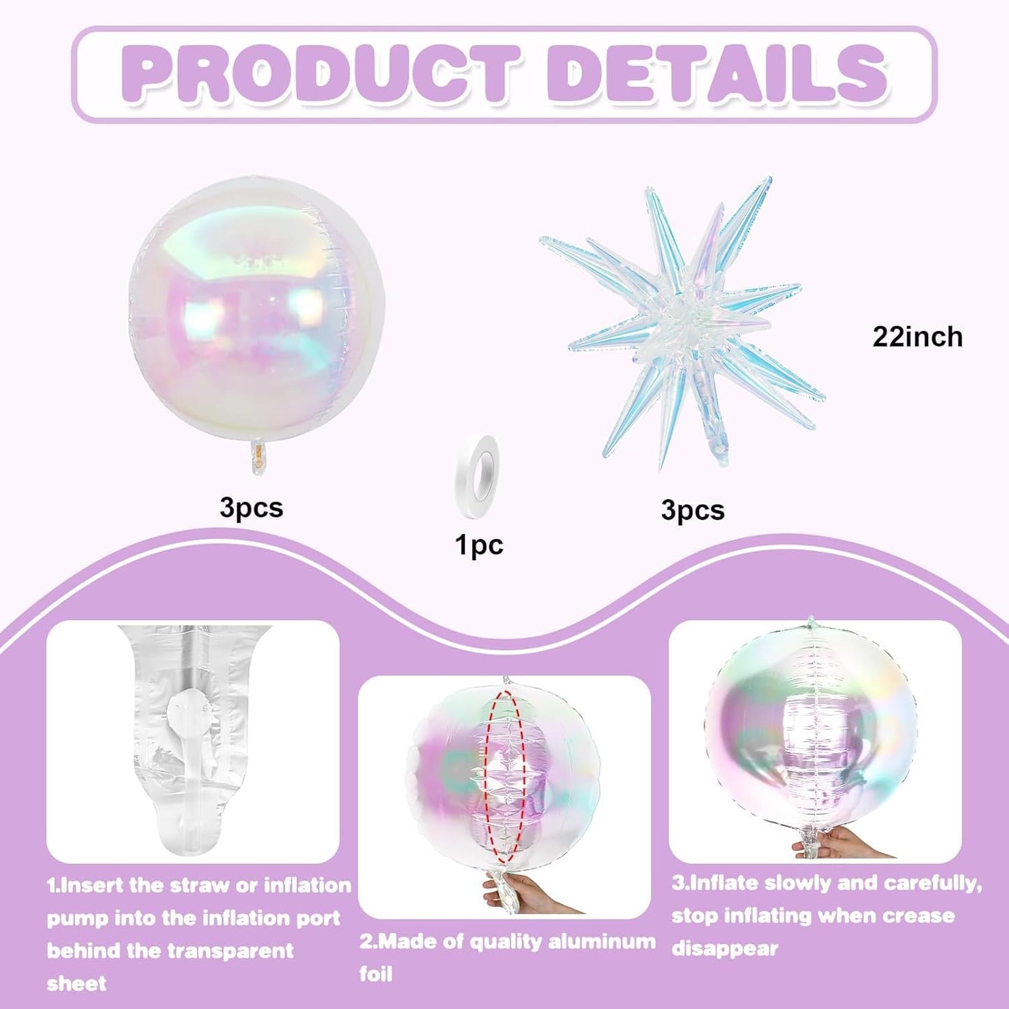 6Pcs Iridescent Foil Balloons,22Inch Clear 4D Round Ball Balloon and Explosion Star Balloon for Birthday Wedding Baby Shower Prom Party Anniversary Decorations