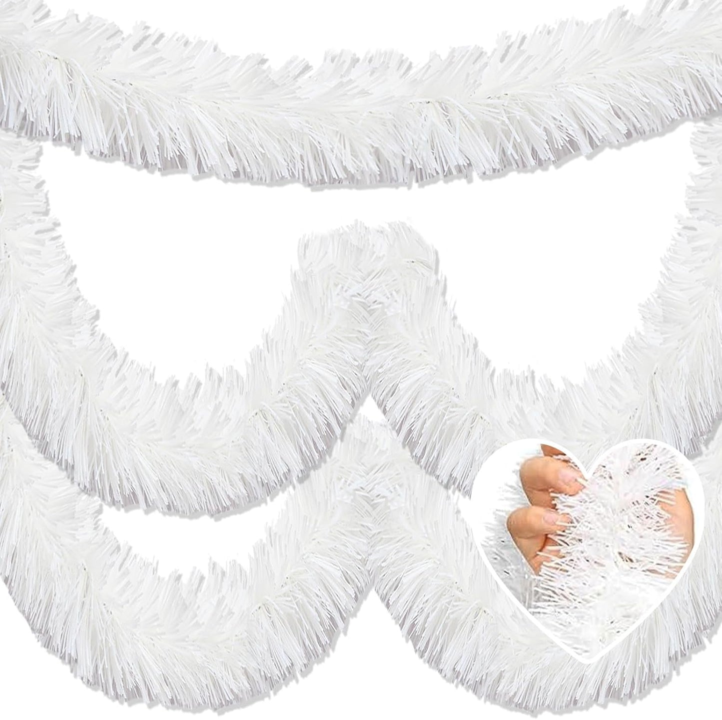 Macaron 25ft Metallic Twist Tinsel Garland - Wall Hanging Backdrop for Christmas Eve, New Year & Valentine's Day Parties (White, 4in x 25ft)