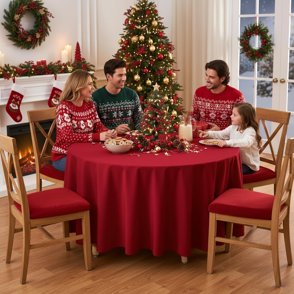 sancua Round Tablecloth - 108 Inch - Water Resistant Spill Proof Washable Polyester Table Cloth Decorative Fabric Table Cover for Dining Tables, Buffet Parties and Camping, Red
