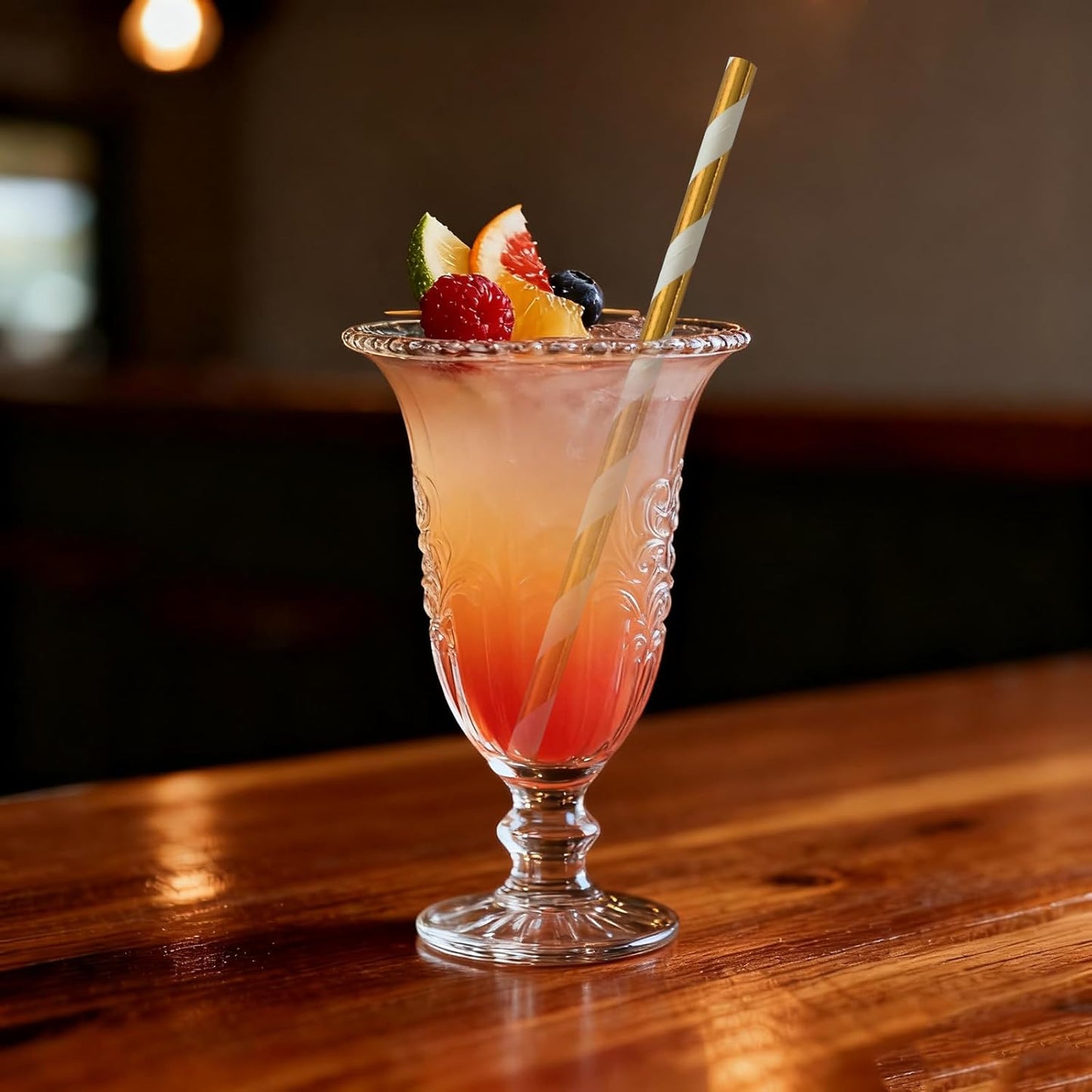 Disposable Gold White Straws - 7.75 Inch Striped Compostable Drinking Straws for Beverages, 100 Pack