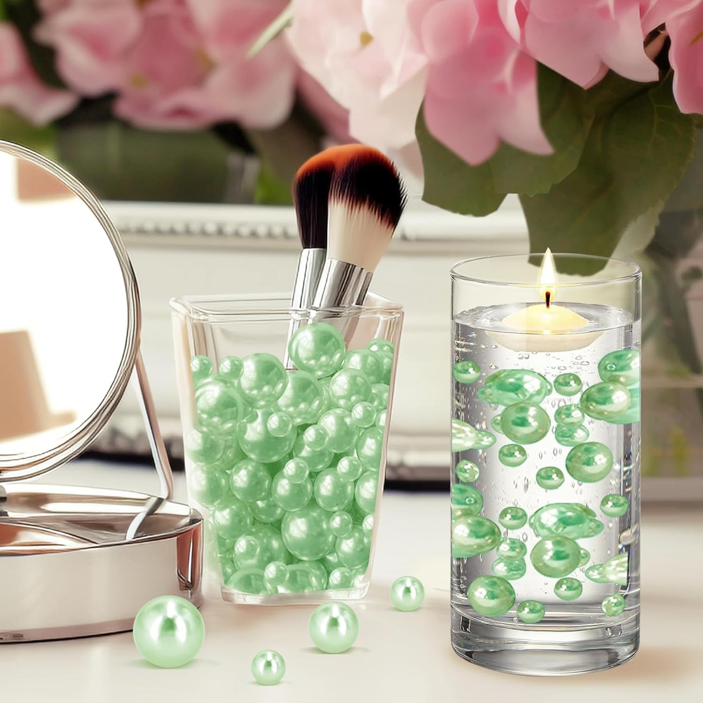 300Pcs Light Green Polished No Hole Faux Pearl Beads for Vase Filling Decorations, Plastic Pearls Vase Fillers, Table Scatters, Wedding Centerpiece, Home Decor, 8/14/20 mm