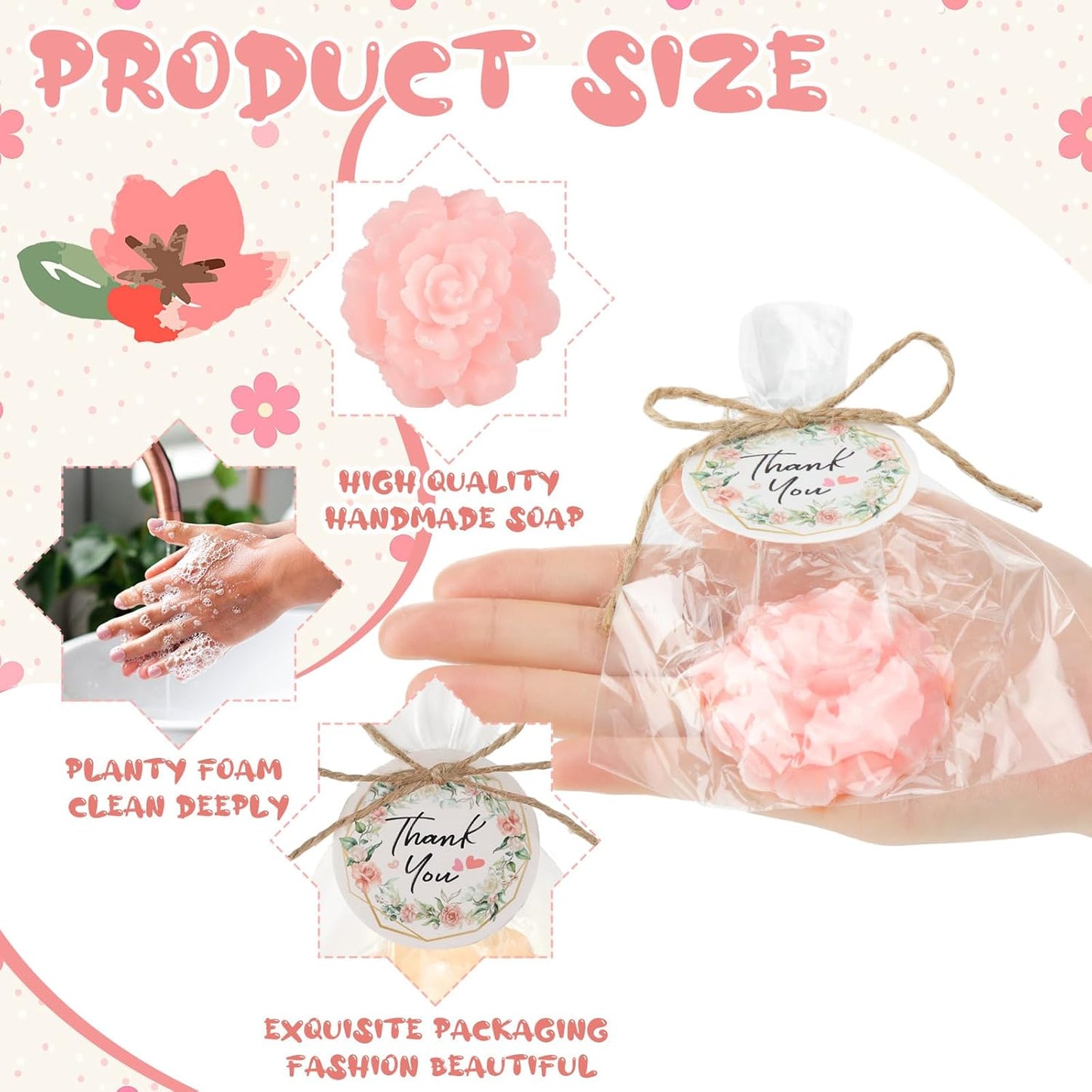 Demissle 20 Set Flower Mini Soaps for Guests Rose Soap Baby Shower Soap Favors with Thank You Tags for Wedding Bridal Guest Gift Party Favor(Light Pink)