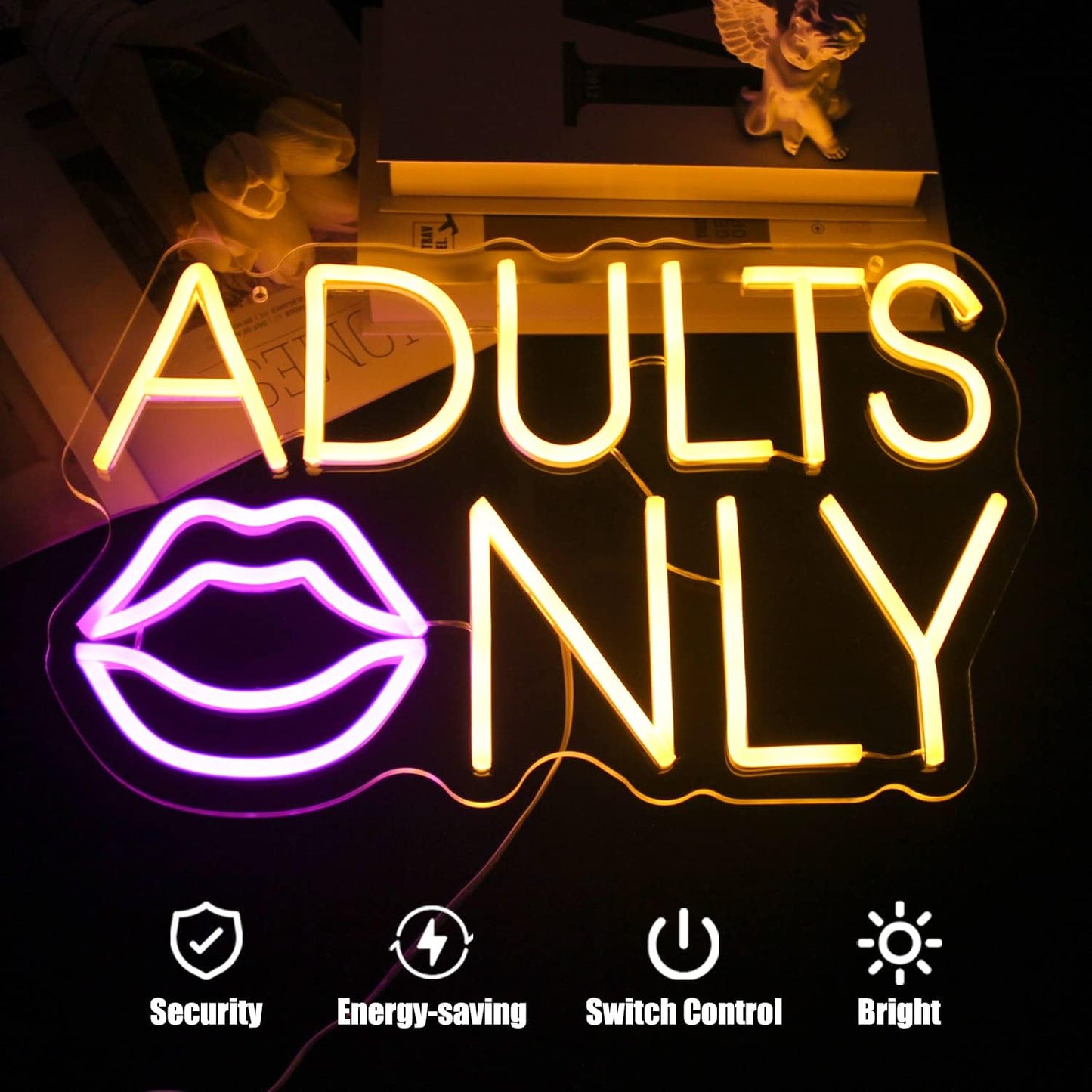 Adults Only Neon Sign Pink Lip LED Neon Lights Signs Sexy Neon Light Neon Bar Sign Orange Letter Neon Wall Sign Neon Signs for Bedroom Bar Man Cave Hotel Party Wall Decor USB with Switch