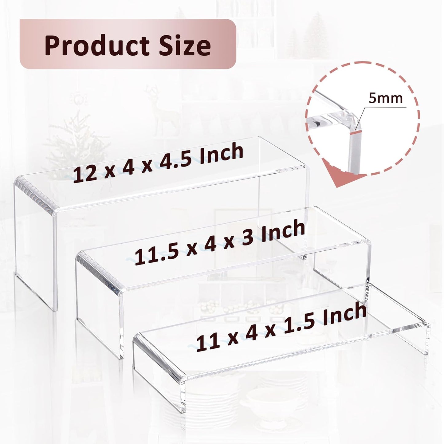 1 Set Large Acrylic Clear Display Risers, 3 Sizes 12" Rectangular Showcase Collectibles Display Shelf, 5 mm Thick Desktop Display Stand Holder for Figures, Jewelry, Perfume, Toys