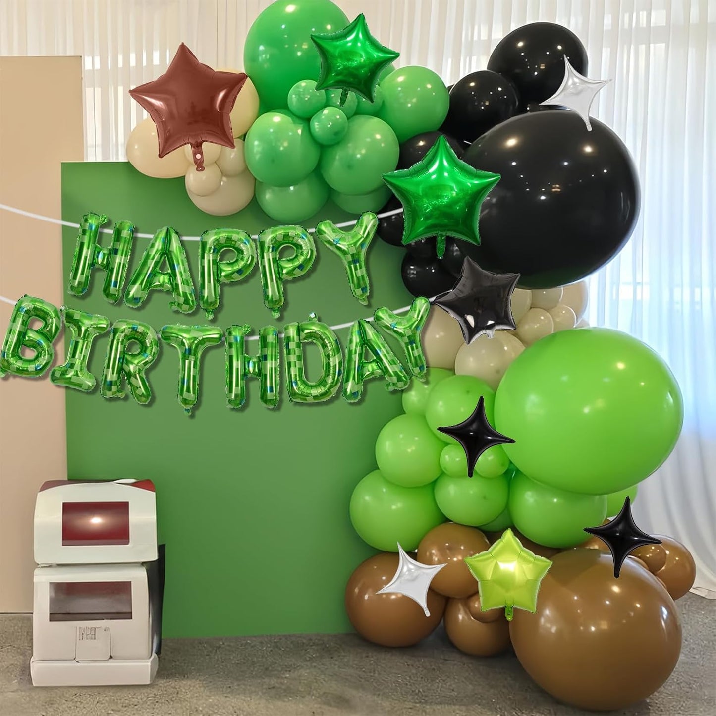 Pixel Happy Birthday Balloon Banner, 16 Inch Pixel Green Foil Letter Balloons with 9 Pcs Star Foil Balloons, 8-Bit Gaming Party Decorations for Boys Girls Themed Birthday, Retro Arcade Party Supplies