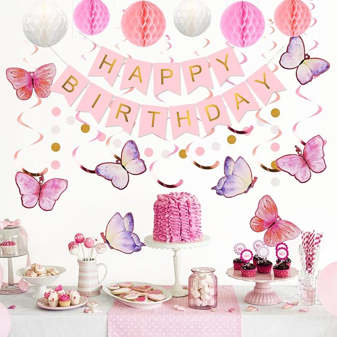 meowtastic Birthday Decorations, Happy Birthday Banner with Honeycomb Balls, Butterfly Hanging Swirl Streamers, Circle Dots Garland, Happy Birthday Party Decorations for Women Men Boys Girls (Pink)