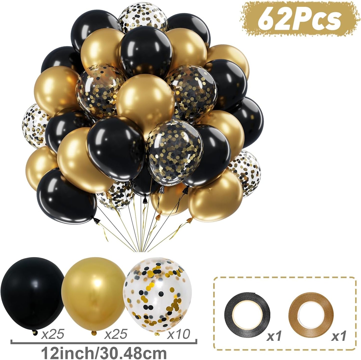 Netnology Black and Gold Balloons Set, 60Pcs 12 Inch Black Balloon Metallic Gold Balloon Gold Confetti Latex Balloon for Birthday Graduation New Years Wedding Anniversary Party Decorations