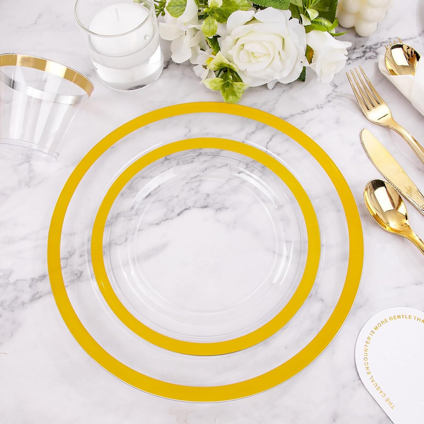 Rubtlamp 350 Pcs Clear Gold Plastic Plates, Disposable Dinnerware, Clear-Gold Plates Set Include 50 Dinner Platos 50 Dessert Platos, 50 Cups, 50 Pre Rolled Napkins with Cutlery Set for Party