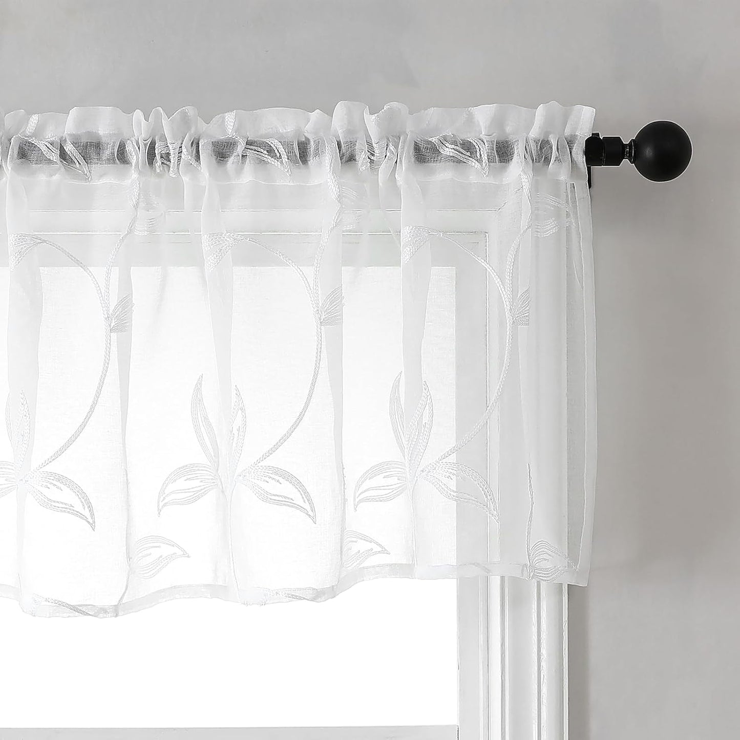 VISIONTEX Sheer Voile Curtain Valances, Decorative Leaves Embroidered, Rod Pocket Window Treatment for Kitchen/Rustic Bedroom/Living Room (54 x 16 Inch,1 Panel)