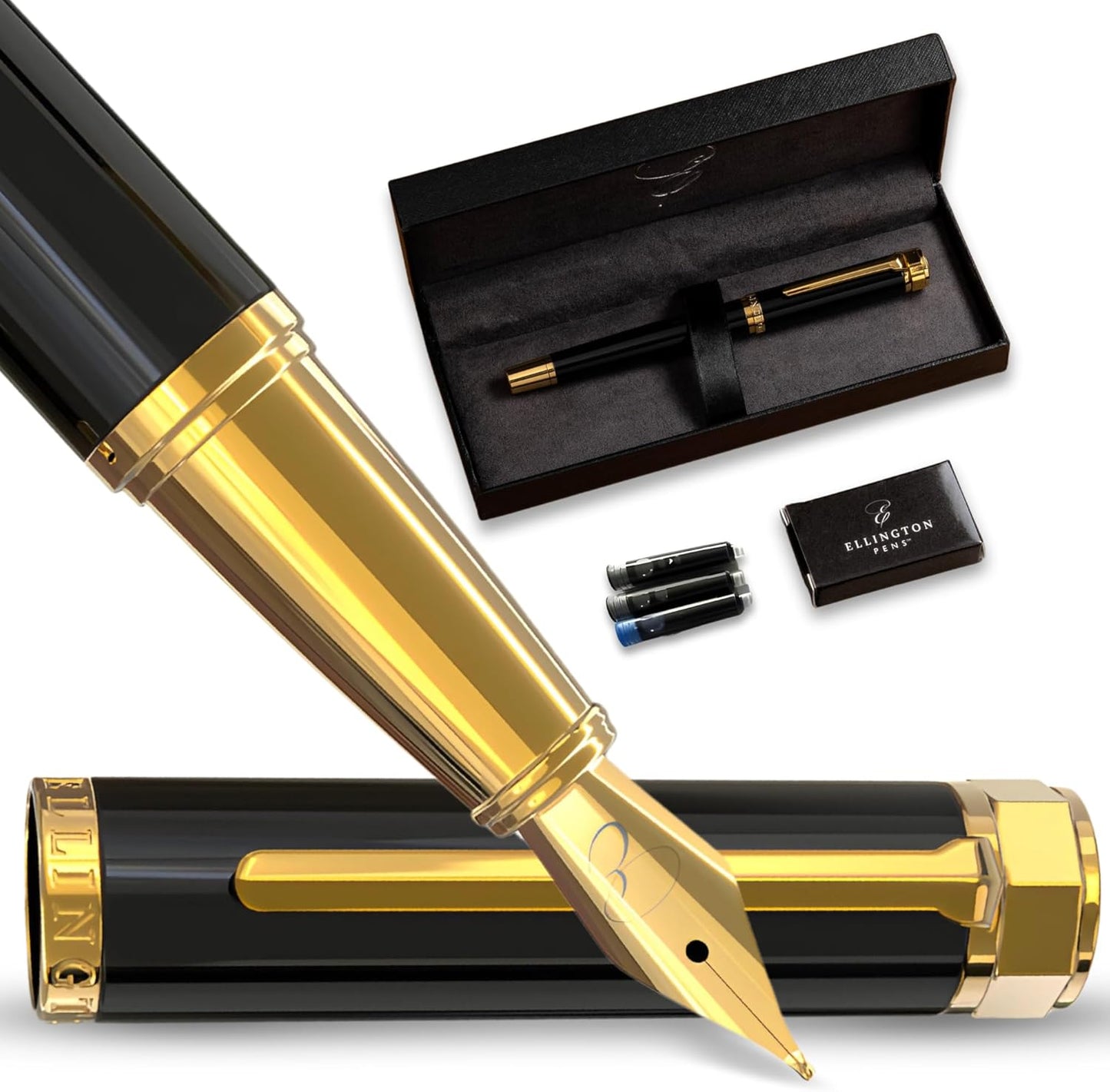 Ellington Pens Luxury Fountain Pen Set- Fountain Pens for Writing - Smooth Extra Fine Nib - Includes Refillable Ink Converter, 3 Ink Cartridges [Black & Blue], Gift Box - Elegant Calligraphy
