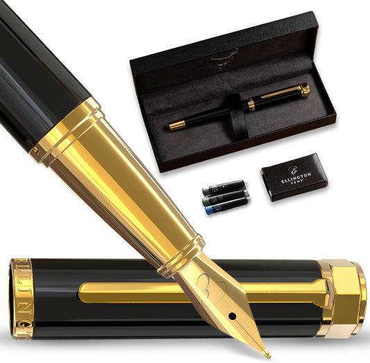 Ellington Pens Luxury Fountain Pen Set- Fountain Pens for Writing - Smooth Extra Fine Nib - Includes Refillable Ink Converter, 3 Ink Cartridges [Black & Blue], Gift Box - Elegant Calligraphy