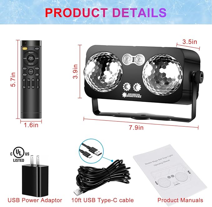 Party Lights Dj Disco Ball Light with 10 ft USB Cable 5V/3A Sound Activated Strobe Stage Lighting for Parties Indoor Dance Bar Club Birthday Karaoke Halloween Christmas New Years Rave Show