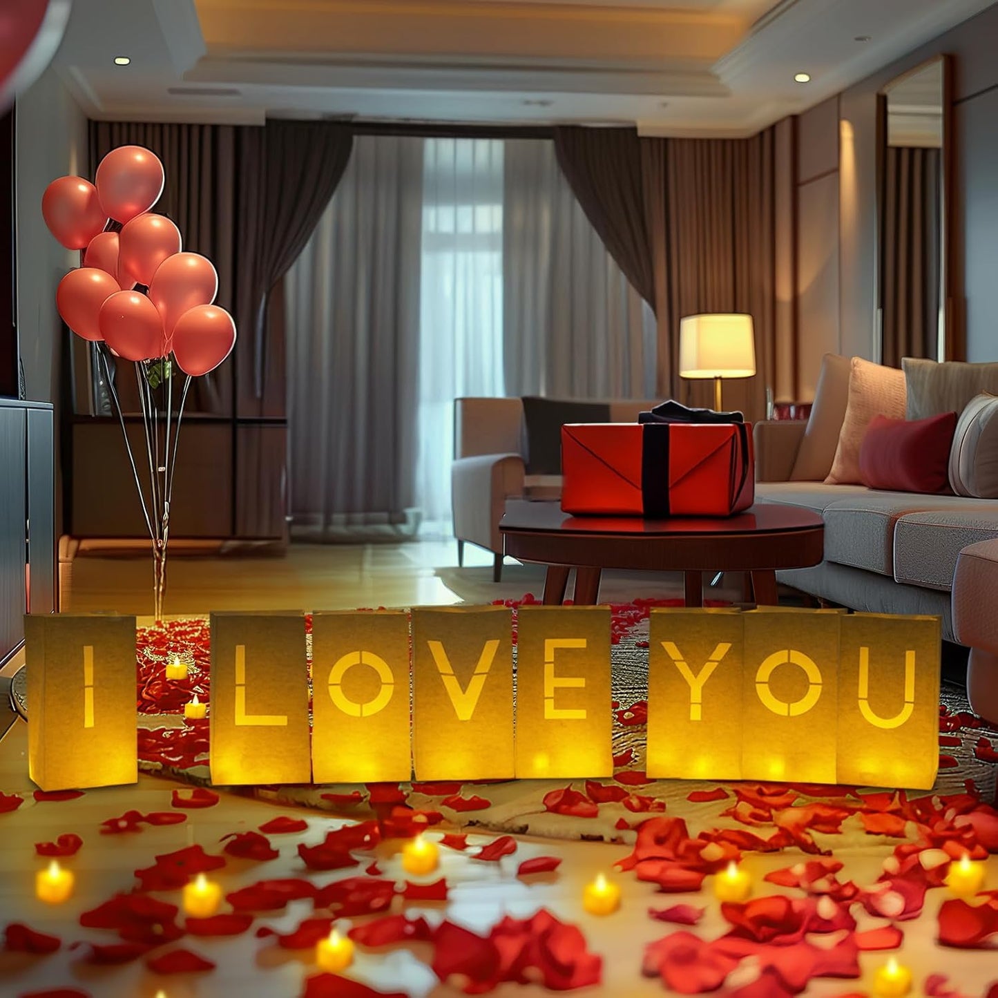 Homemory I Love You Light Up Letters Proposal Decorations with Flameless Candles and Fake Rose Petals, Valentine's Day Luminary Bags Romantic Decorations Special Night for Wedding Anniversary