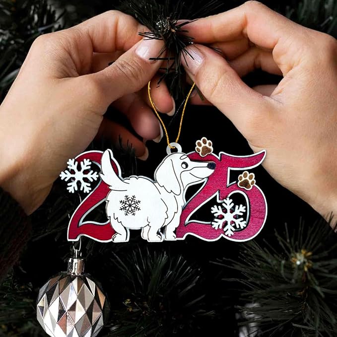 Longhaired Dachshund 2025 Christmas Ornament – Cute Wooden Dog Tree Decoration with Snowflakes & Paw Prints for Dachshund Lovers, Pet Owner Christmas Décor