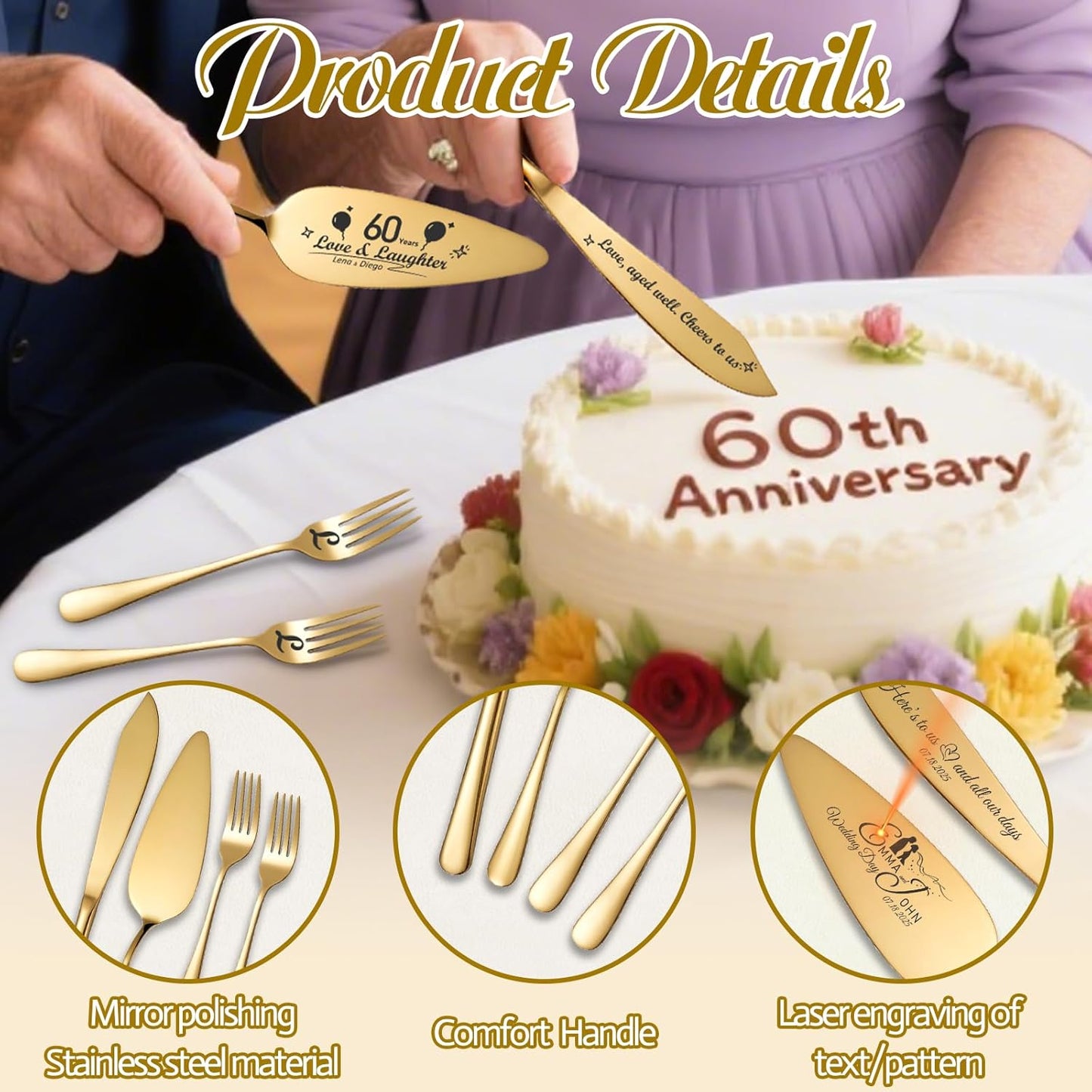 Personalized 4 Piece Wedding Cake Cutting Set, Custom Names Cake Knife and Server set with Forks, Anniversary Birthday Bridal Wedding Registry Gifts (Gold)